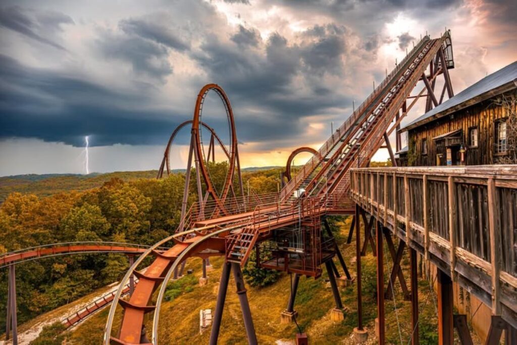 Gorgeous setting of WildFire at Silver Dollar City with storm in background