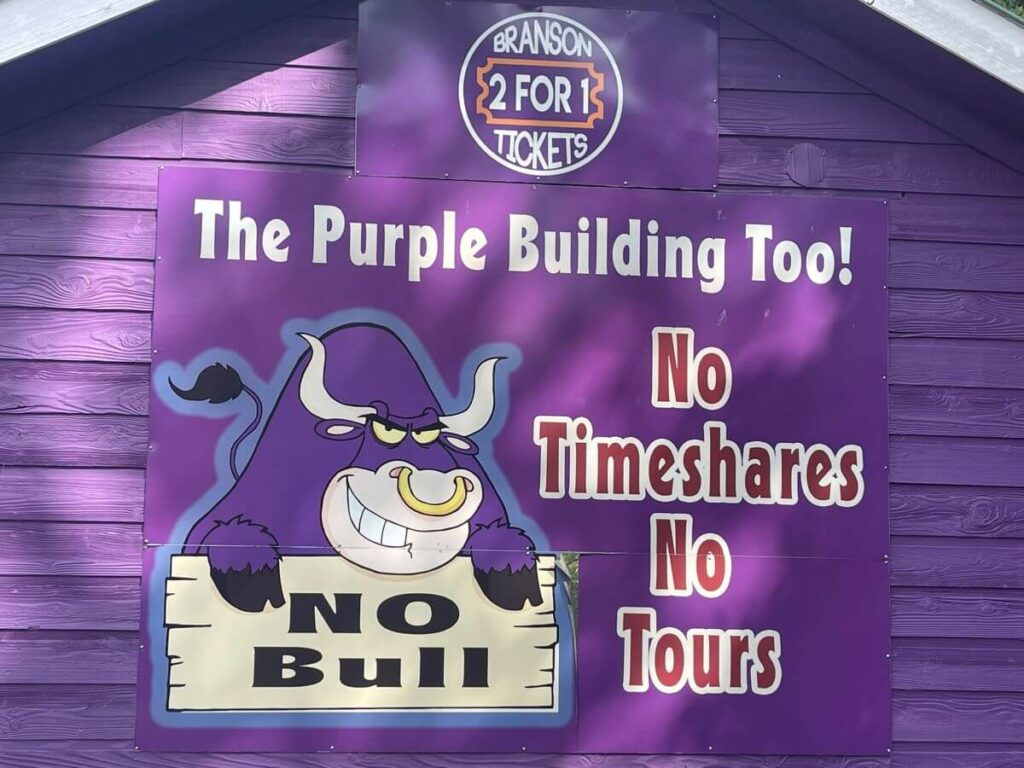 Branson 2-for-1 Tickets sign stating "No Timeshares, No Tours, No Bull".